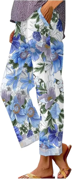 Lightweight Linen Pants Women Floral Cotton Linen Casual Pants Cropped Linen Pants Women Womens Cotton Linen Pants