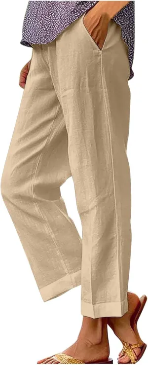 Linen Capri Pants for Women High Waisted Wide Leg Lounge Pant Comfy Soft Trousers Casual Resort Wear