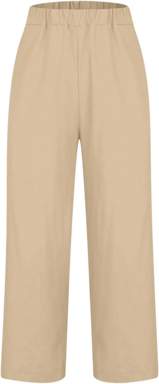 Linen Capri Pants for Women High Waisted Wide Leg Lounge Pant Comfy Soft Trousers Casual Resort Wear