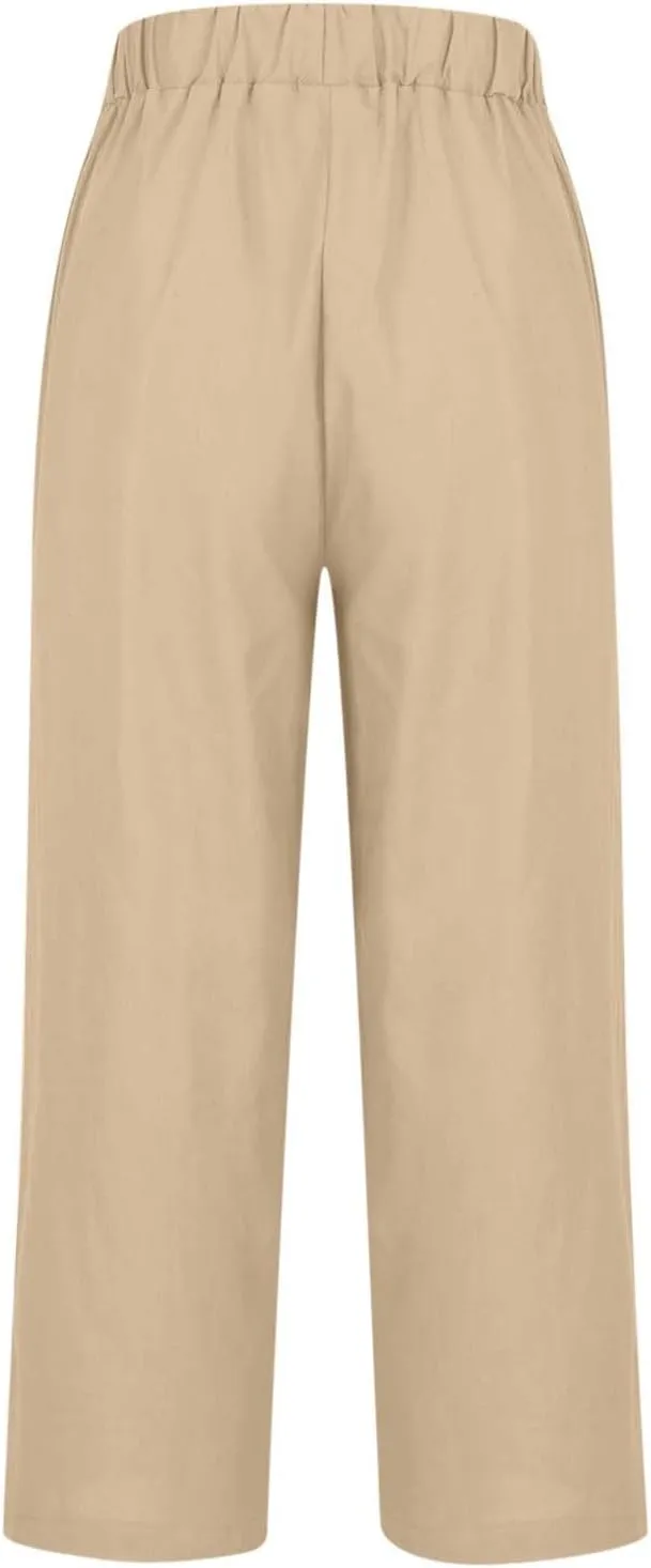 Linen Capri Pants for Women High Waisted Wide Leg Lounge Pant Comfy Soft Trousers Casual Resort Wear