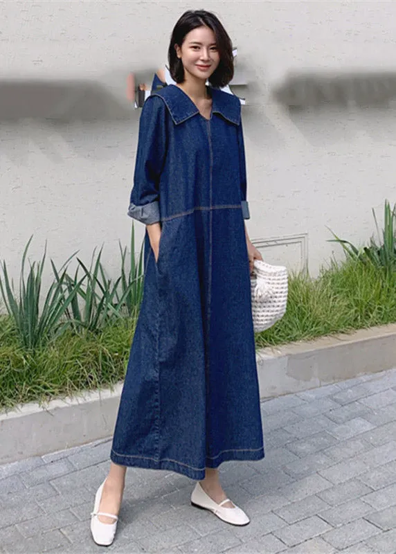 Lockeres Denim-Blaue Peter-Pan-Kragen Patchwork Taschenkleid mit langen Ärmeln