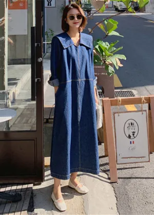 Lockeres Denim-Blaue Peter-Pan-Kragen Patchwork Taschenkleid mit langen Ärmeln
