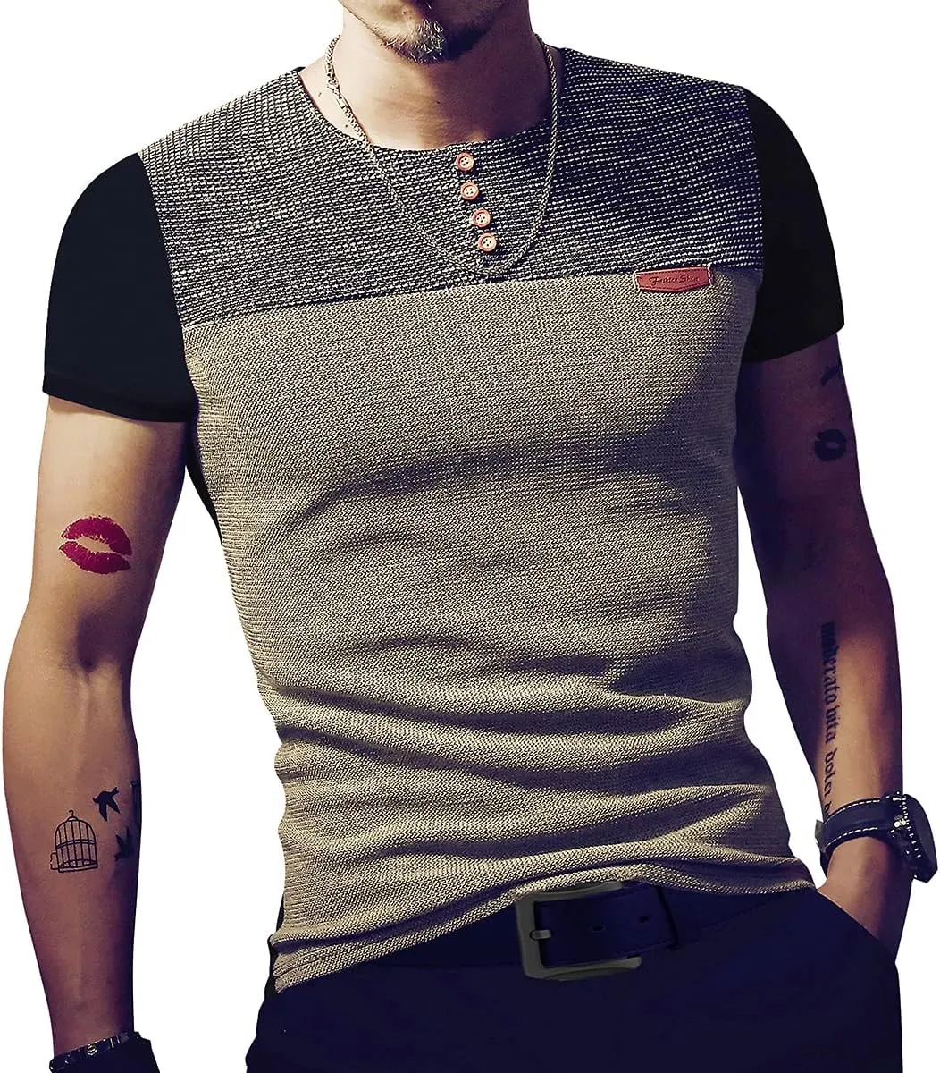 LOGEEYAR Mens Slim Fitted Casual Short Sleeve Button T-Shirts Contrast Color Stitching Tees Tops