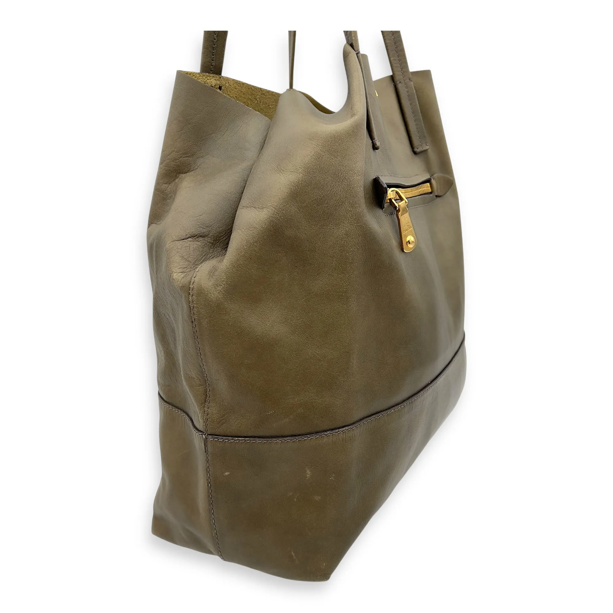 Logo Tote Bag Grey in Calfskin, Gold hardware
