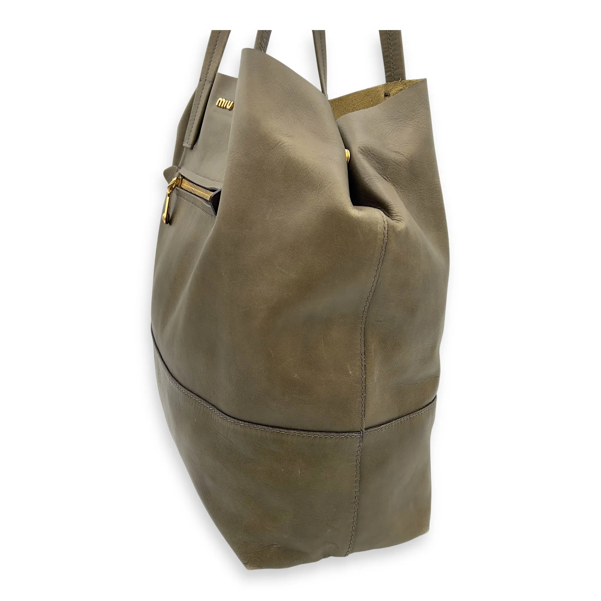 Logo Tote Bag Grey in Calfskin, Gold hardware