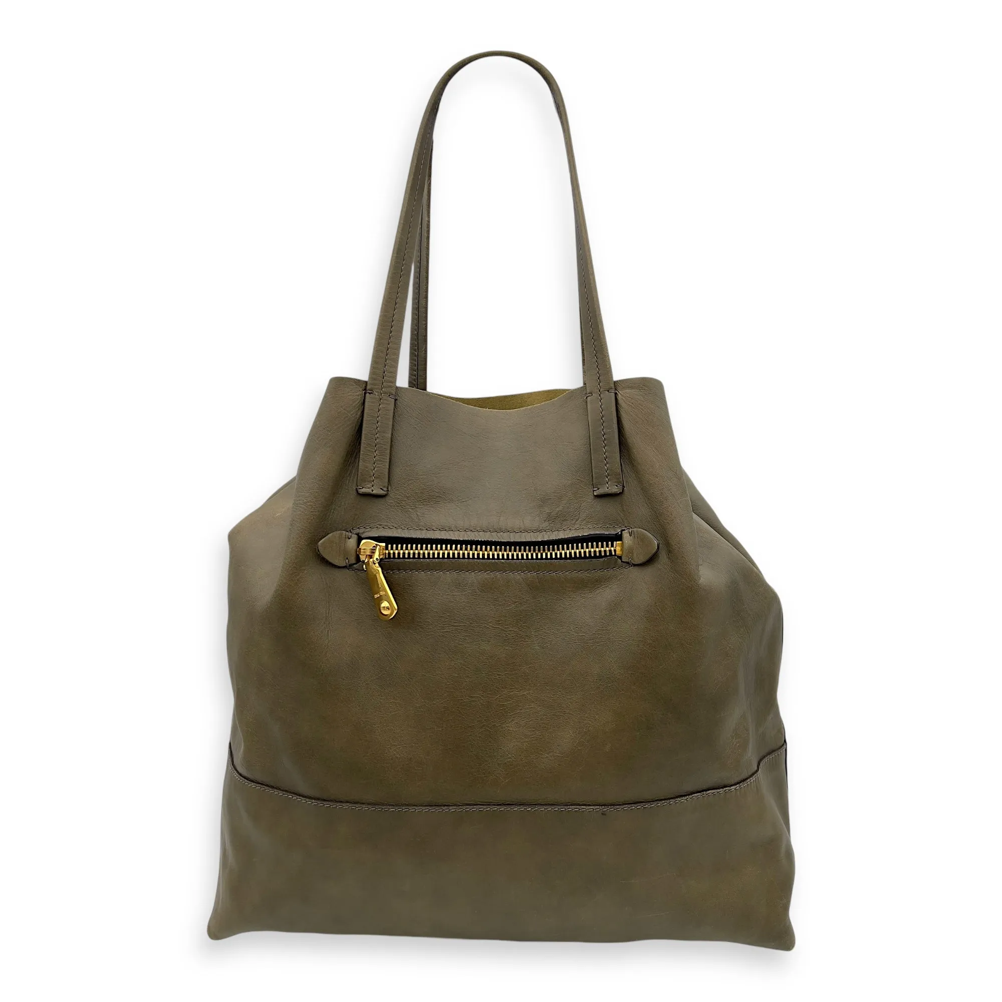 Logo Tote Bag Grey in Calfskin, Gold hardware