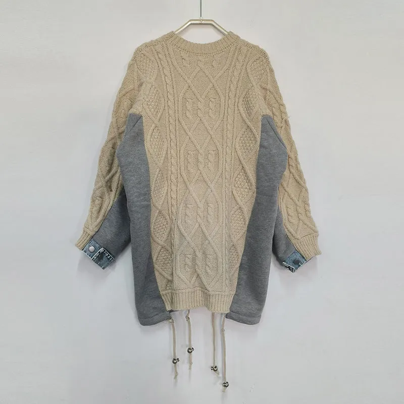 Long Sleeve Denim Patchwork Design Sweater