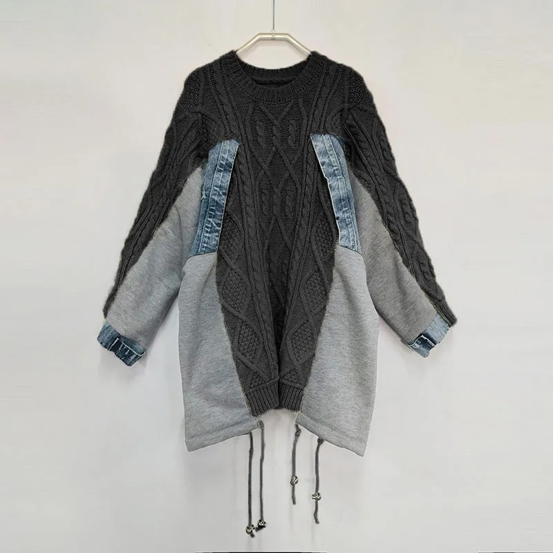 Long Sleeve Denim Patchwork Design Sweater