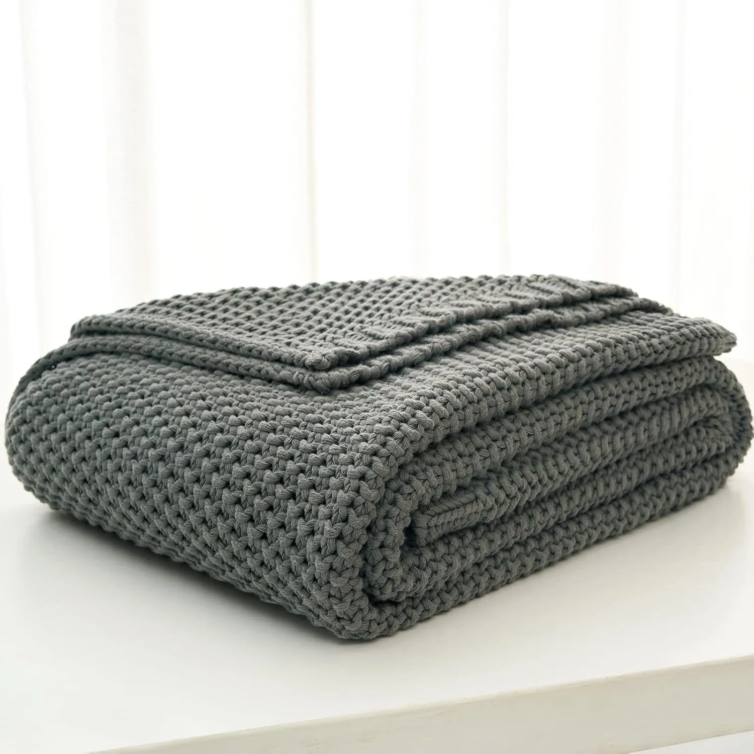Longhui bedding Chunky Cable Knit Throw Blanket Lightweight Grey 100% Organic Cotton Blanket for Sofa Couch Bed Baby Nursery, Rustic Shabby Chic Modern Farmhouse, Gray 60” x 80” Give Laundering Bag