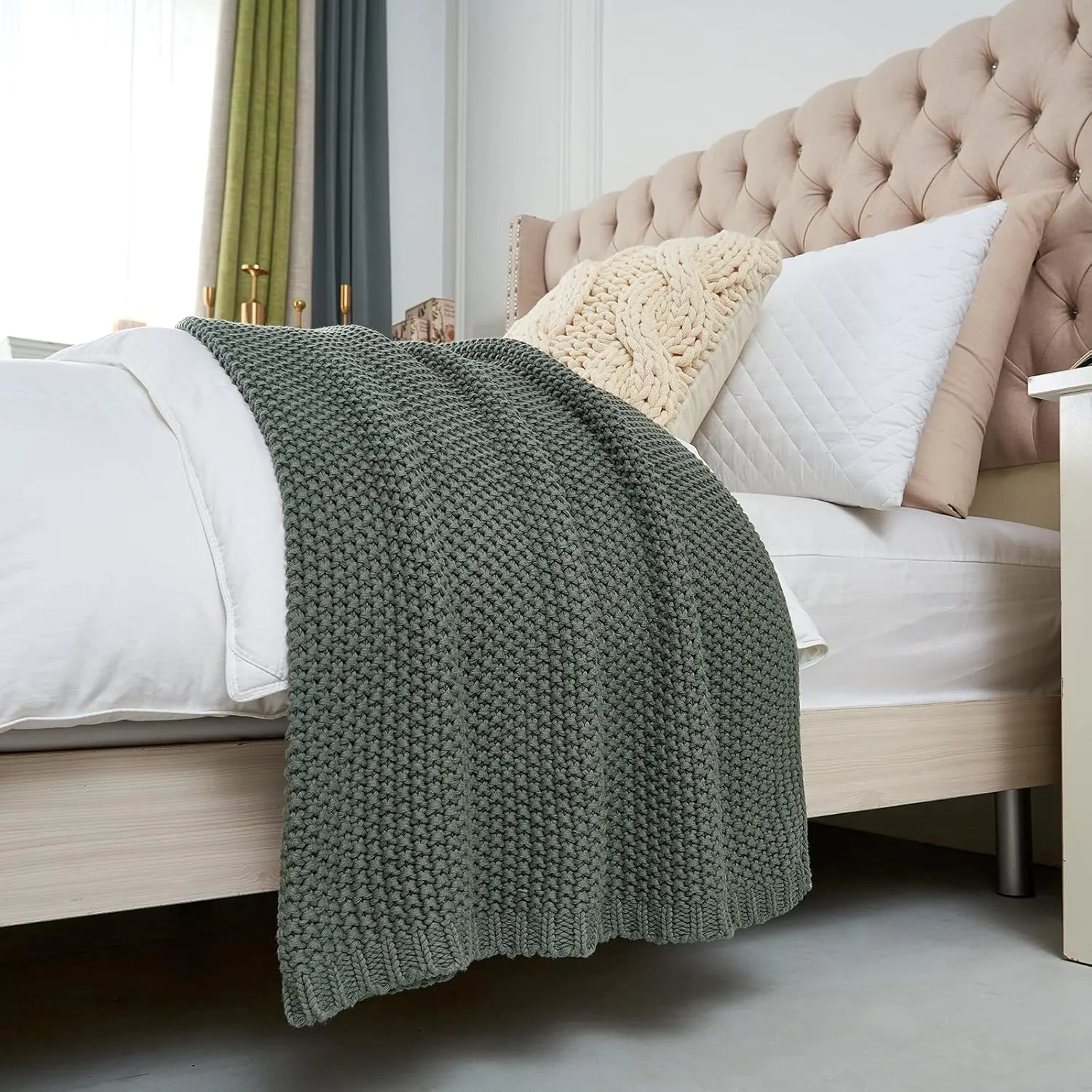 Longhui bedding Chunky Cable Knit Throw Blanket Lightweight Grey 100% Organic Cotton Blanket for Sofa Couch Bed Baby Nursery, Rustic Shabby Chic Modern Farmhouse, Gray 60” x 80” Give Laundering Bag