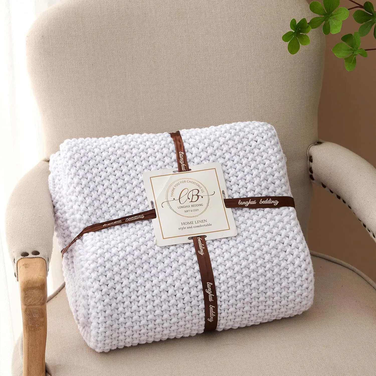 Longhui bedding Chunky Cable Knit Throw Blanket Lightweight White 100% Organic Cotton Blanket for Sofa Couch Bed Baby Nursery, Rustic Shabby Chic Modern Farmhouse, 60” x 80” Give Laundering Bag