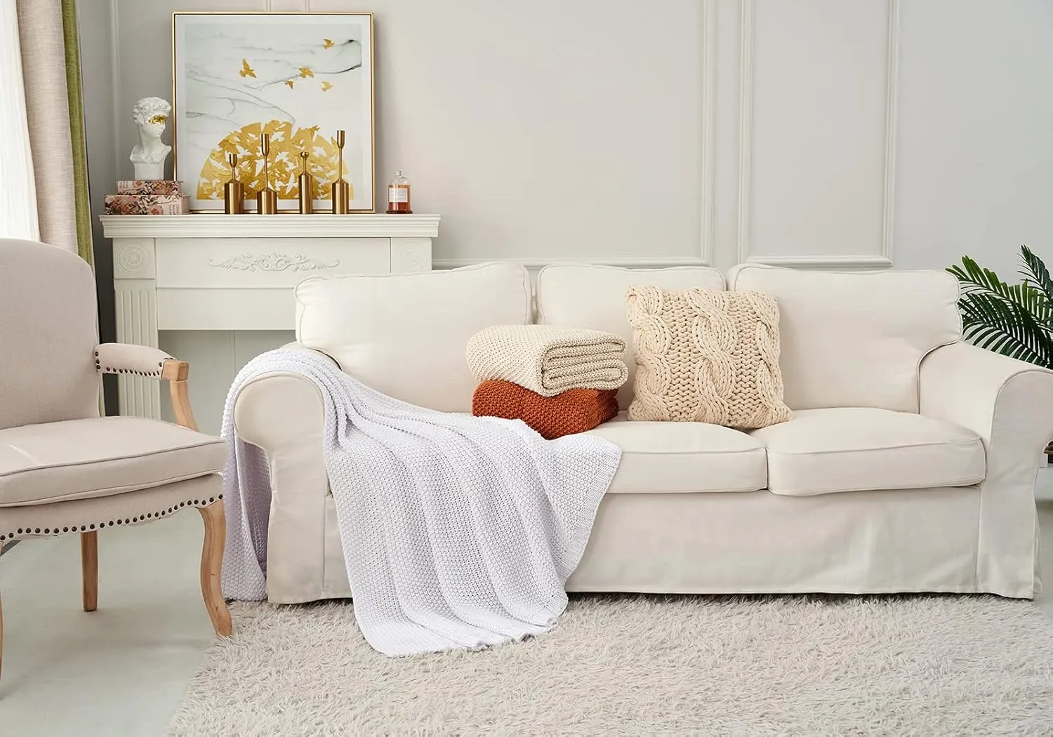 Longhui bedding Chunky Cable Knit Throw Blanket Lightweight White 100% Organic Cotton Blanket for Sofa Couch Bed Baby Nursery, Rustic Shabby Chic Modern Farmhouse, 60” x 80” Give Laundering Bag