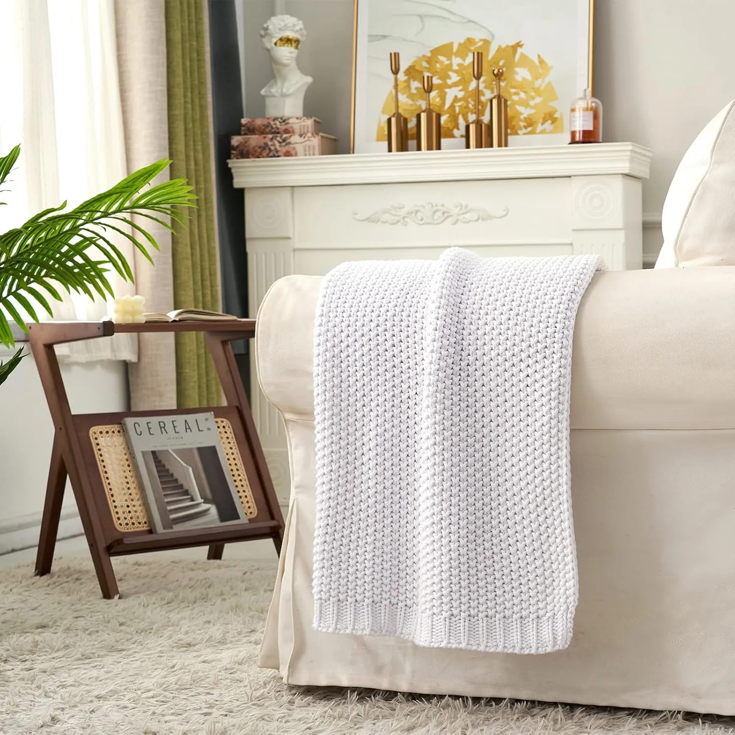 Longhui bedding Chunky Cable Knit Throw Blanket Lightweight White 100% Organic Cotton Blanket for Sofa Couch Bed Baby Nursery, Rustic Shabby Chic Modern Farmhouse, 60” x 80” Give Laundering Bag