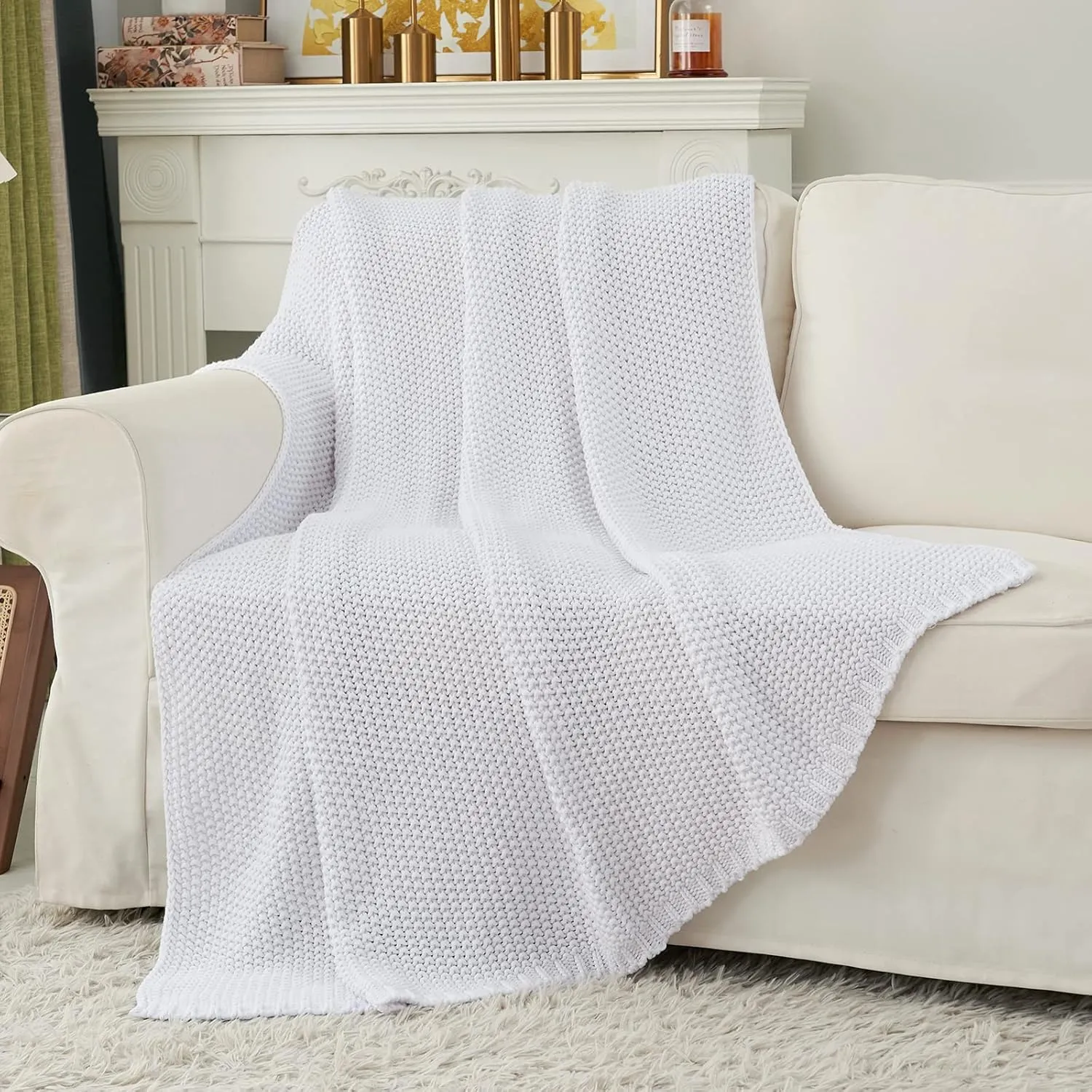 Longhui bedding Chunky Cable Knit Throw Blanket Lightweight White 100% Organic Cotton Blanket for Sofa Couch Bed Baby Nursery, Rustic Shabby Chic Modern Farmhouse, 60” x 80” Give Laundering Bag