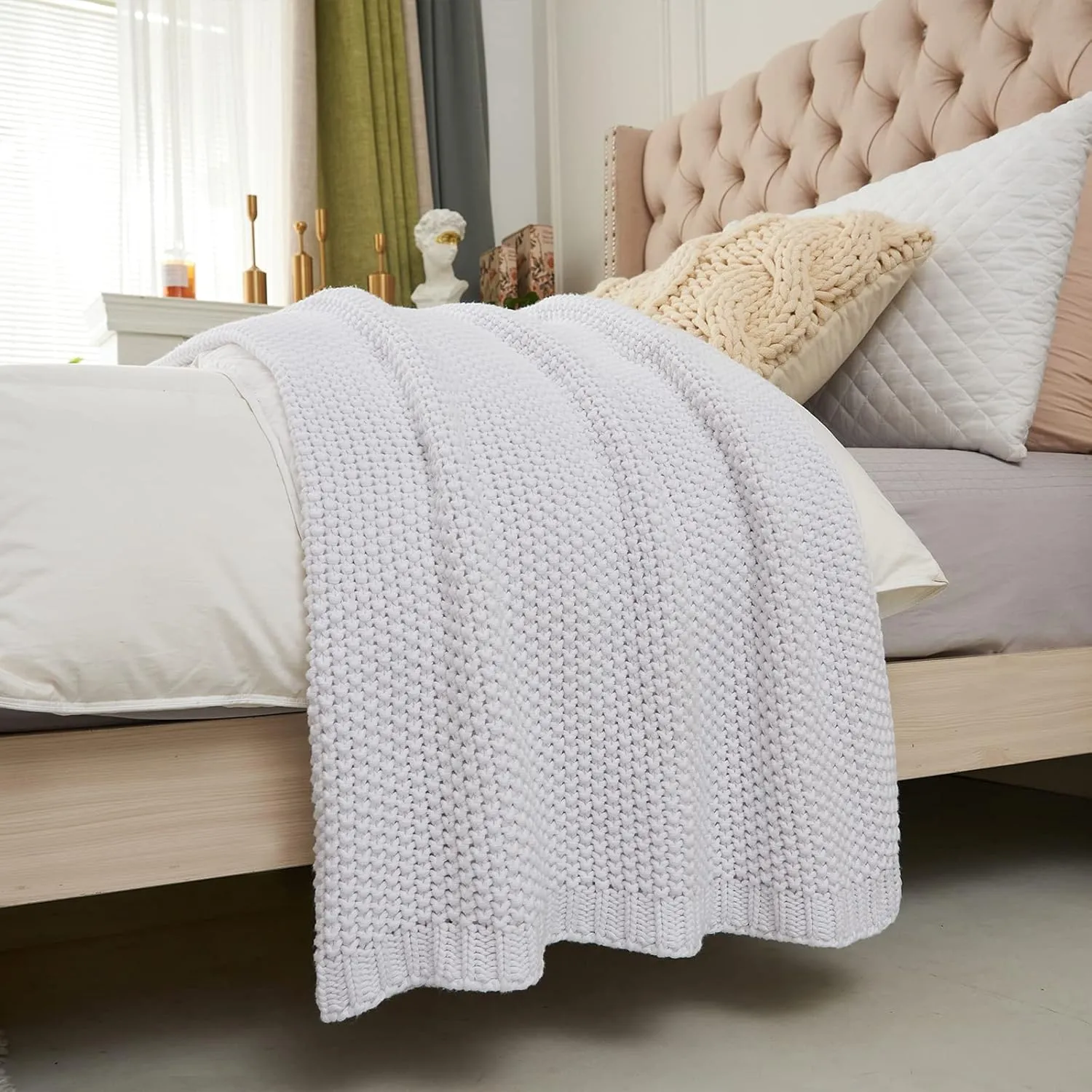 Longhui bedding Chunky Cable Knit Throw Blanket Lightweight White 100% Organic Cotton Blanket for Sofa Couch Bed Baby Nursery, Rustic Shabby Chic Modern Farmhouse, 60” x 80” Give Laundering Bag