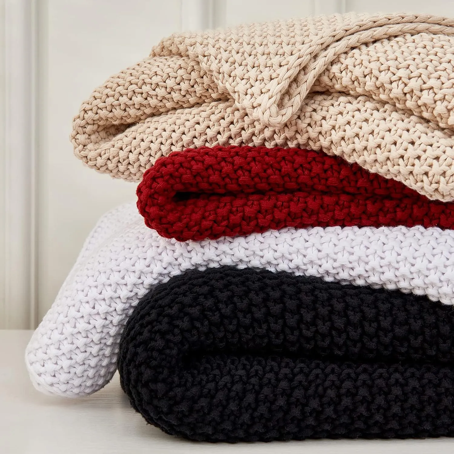 Longhui bedding Chunky Cable Knit Throw Blanket Lightweight White 100% Organic Cotton Blanket for Sofa Couch Bed Baby Nursery, Rustic Shabby Chic Modern Farmhouse, 60” x 80” Give Laundering Bag