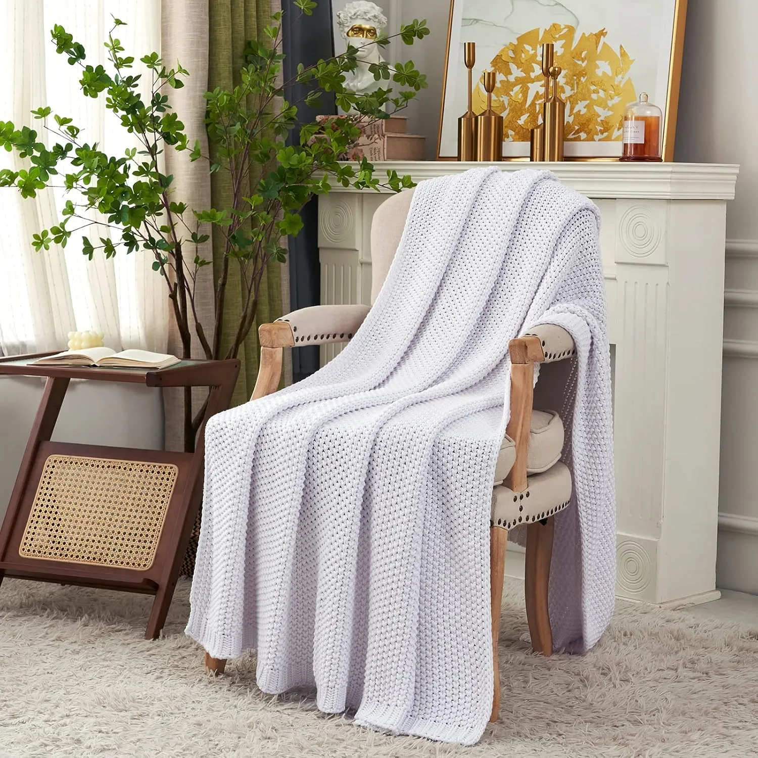Longhui bedding Chunky Cable Knit Throw Blanket Lightweight White 100% Organic Cotton Blanket for Sofa Couch Bed Baby Nursery, Rustic Shabby Chic Modern Farmhouse, 60” x 80” Give Laundering Bag