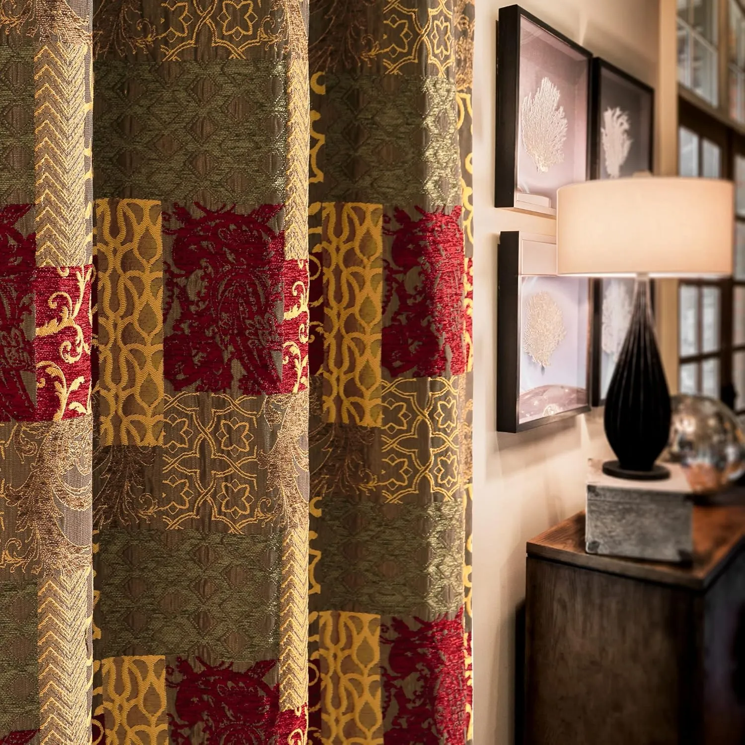 Loom and Mill Luxury Damask Curtains for Living Room, Golden Thick Chenille Jacquard Window Treatment with Tiebacks for Bedroom Party Banquet Decorations (2 Panels, 52 x 84 Inch, Red&Gold)