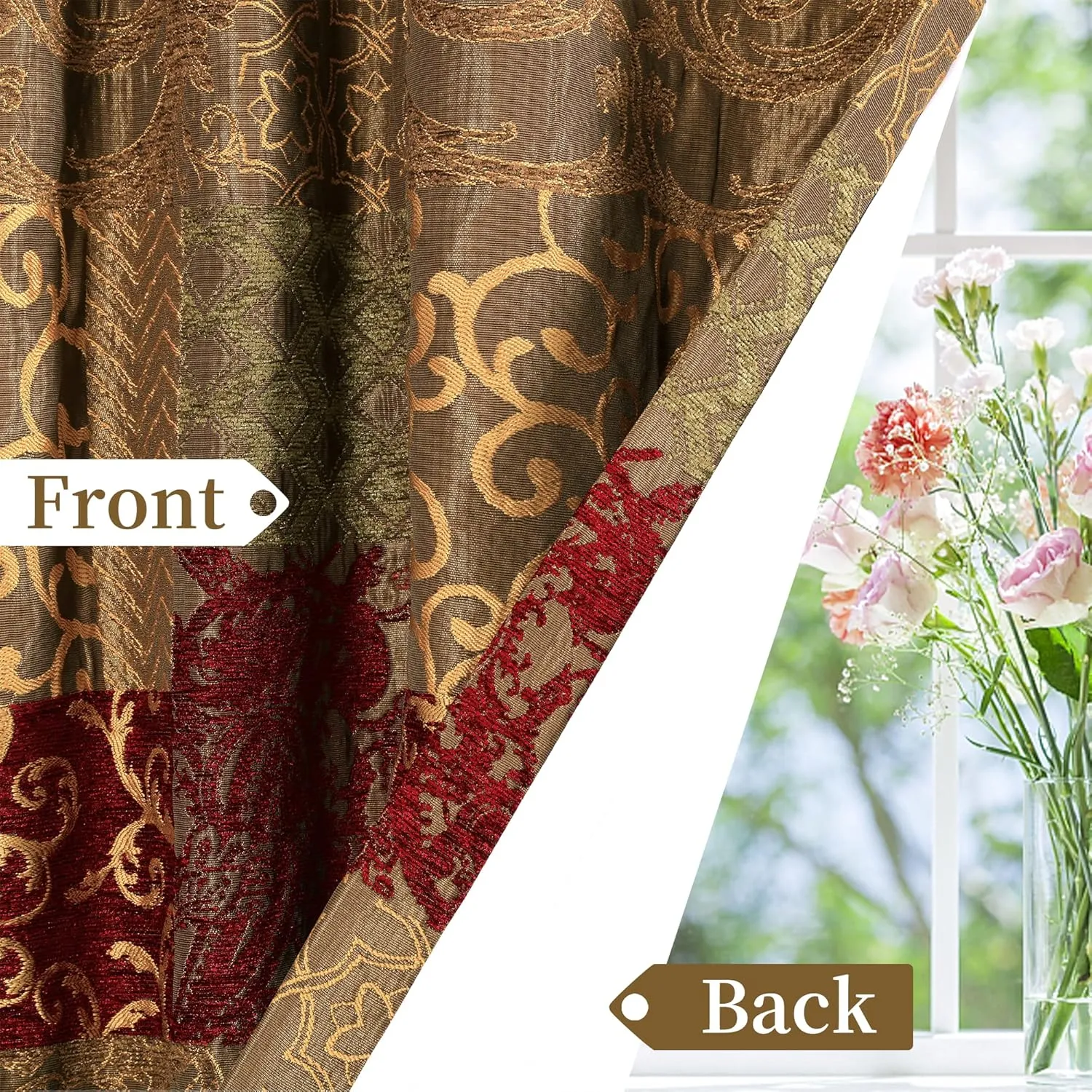 Loom and Mill Luxury Damask Curtains for Living Room, Golden Thick Chenille Jacquard Window Treatment with Tiebacks for Bedroom Party Banquet Decorations (2 Panels, 52 x 84 Inch, Red&Gold)