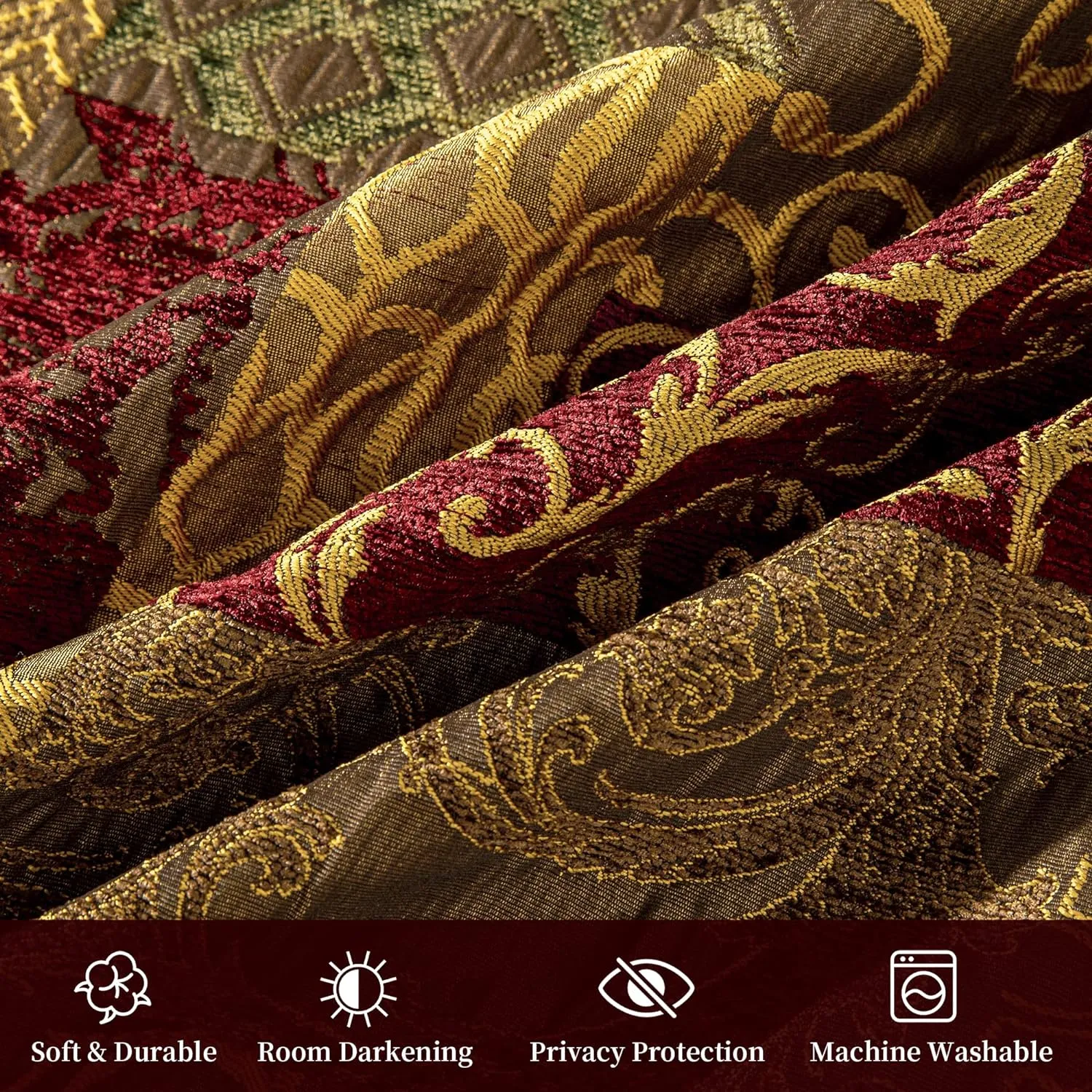Loom and Mill Luxury Damask Curtains for Living Room, Golden Thick Chenille Jacquard Window Treatment with Tiebacks for Bedroom Party Banquet Decorations (2 Panels, 52 x 84 Inch, Red&Gold)