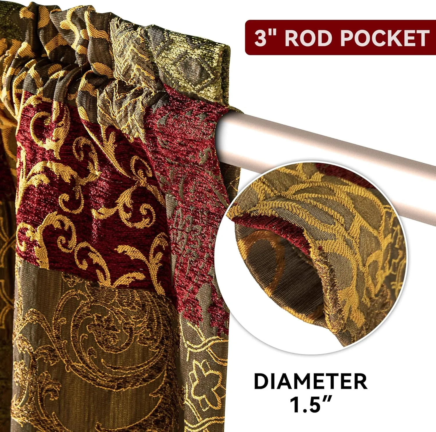 Loom and Mill Luxury Damask Curtains for Living Room, Golden Thick Chenille Jacquard Window Treatment with Tiebacks for Bedroom Party Banquet Decorations (2 Panels, 52 x 84 Inch, Red&Gold)