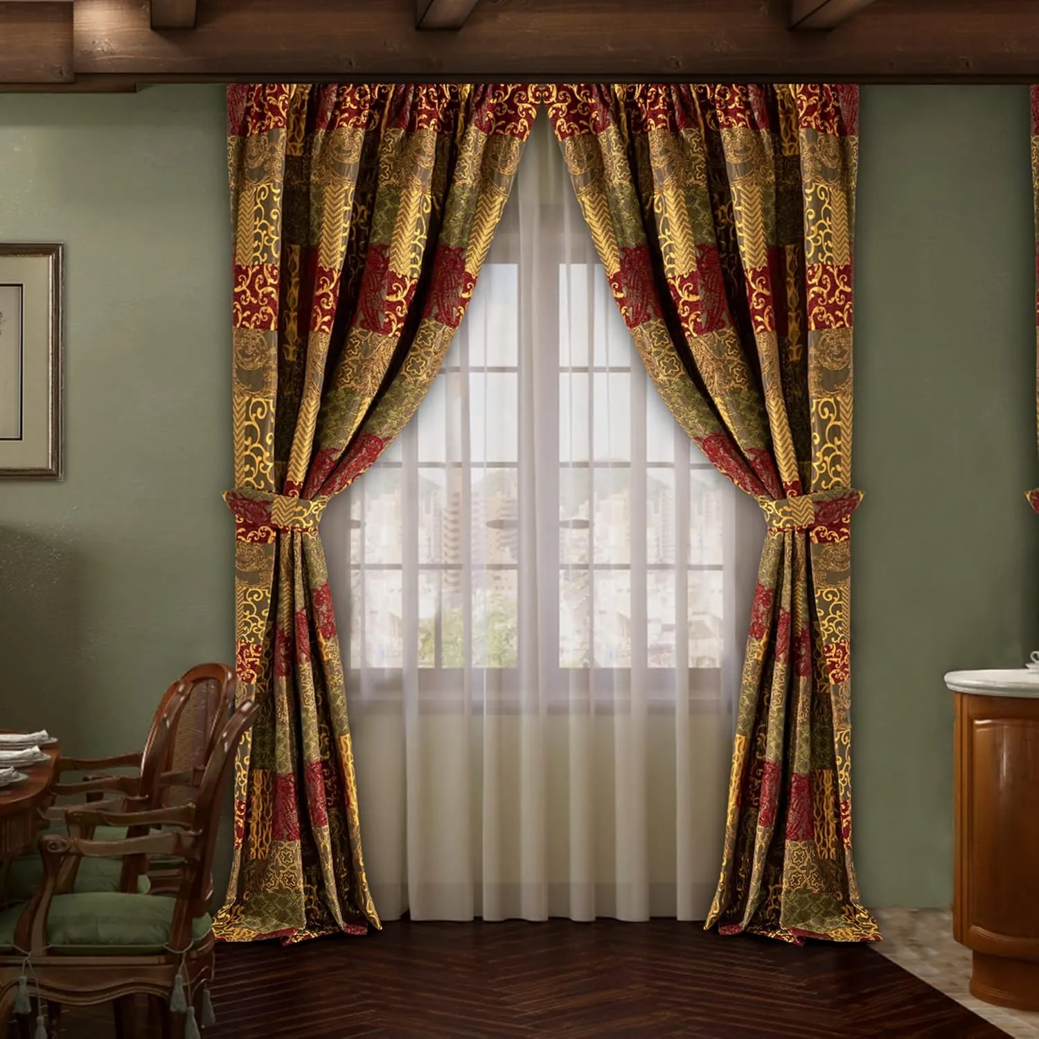 Loom and Mill Luxury Damask Curtains for Living Room, Golden Thick Chenille Jacquard Window Treatment with Tiebacks for Bedroom Party Banquet Decorations (2 Panels, 52 x 84 Inch, Red&Gold)