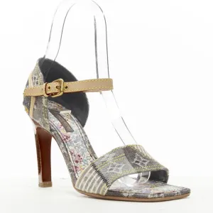 LOUIS VUITTON grey denim patchwork buckle vachetta strap wooden heel sandal EU36