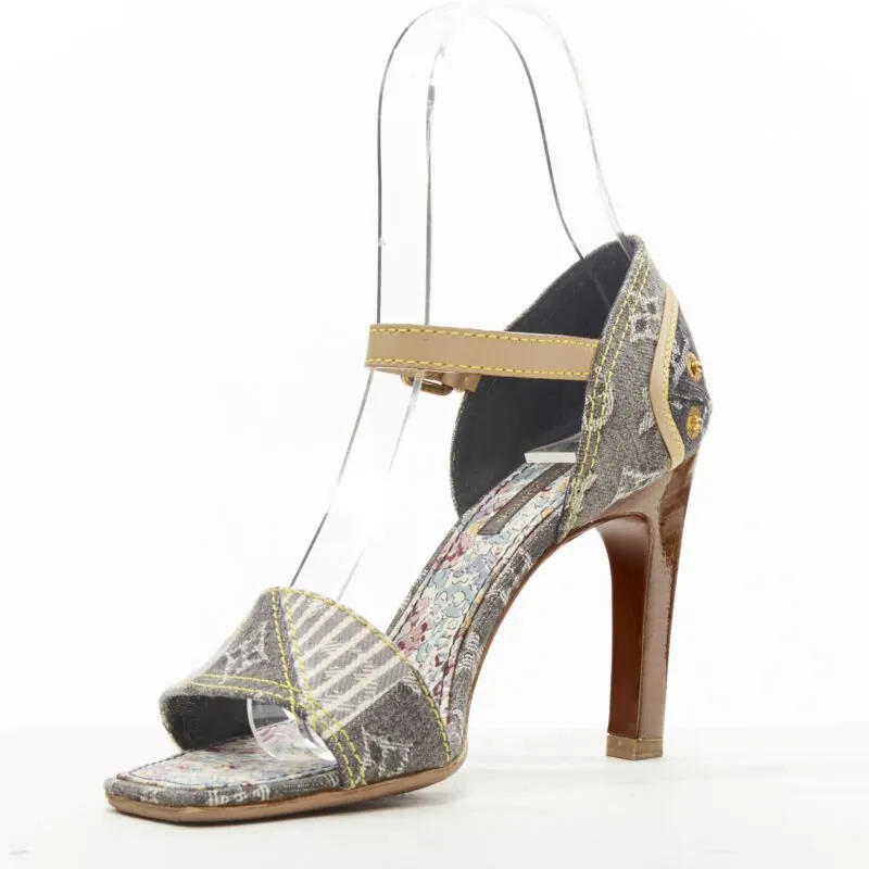 LOUIS VUITTON grey denim patchwork buckle vachetta strap wooden heel sandal EU36