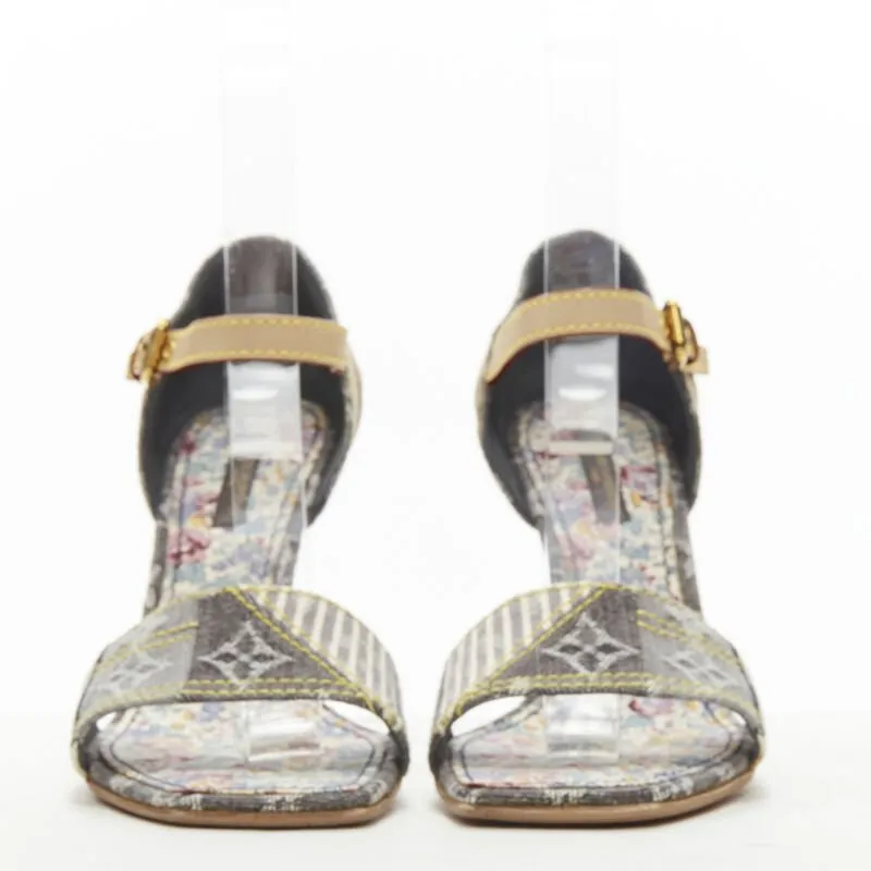 LOUIS VUITTON grey denim patchwork buckle vachetta strap wooden heel sandal EU36