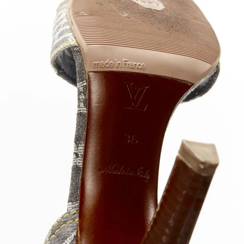 LOUIS VUITTON grey denim patchwork buckle vachetta strap wooden heel sandal EU36