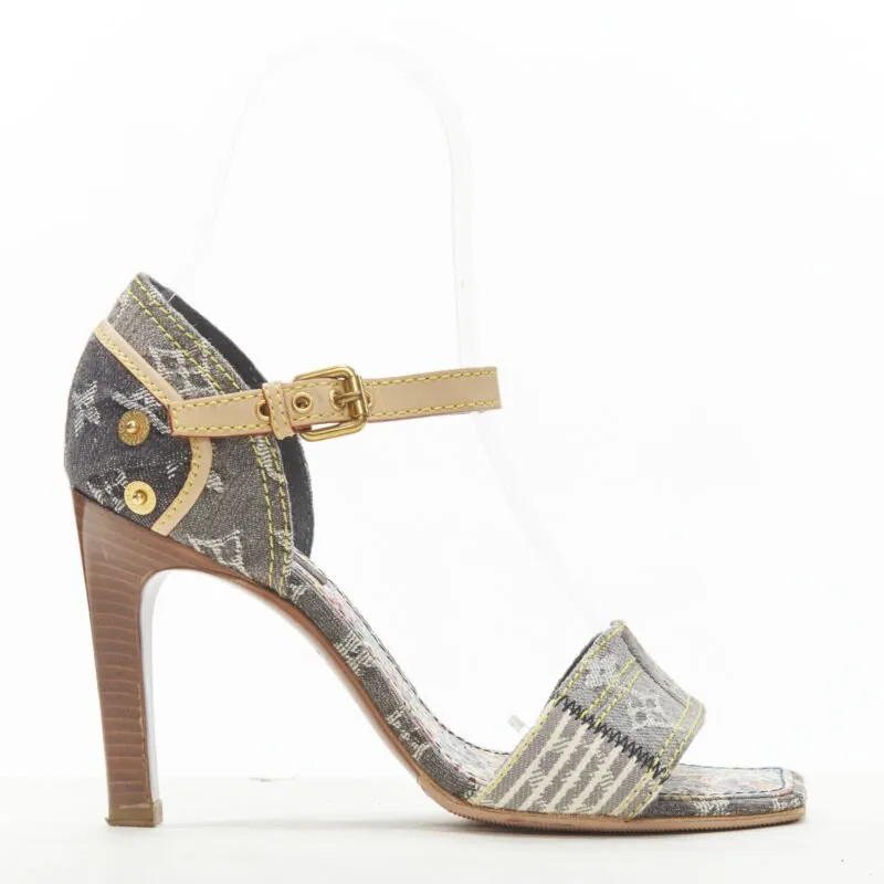 LOUIS VUITTON grey denim patchwork buckle vachetta strap wooden heel sandal EU36