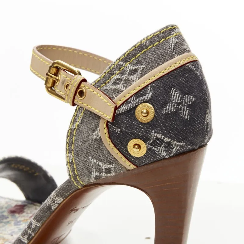 LOUIS VUITTON grey denim patchwork buckle vachetta strap wooden heel sandal EU36