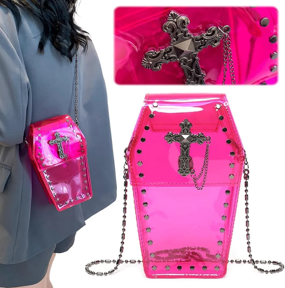 LovehomilyGothic Crossbody Bag for Women, Coffin Shaped Bag PVC Clear Jelly Satchel Bag Cross Coffin Sling Bag Stadium Approv