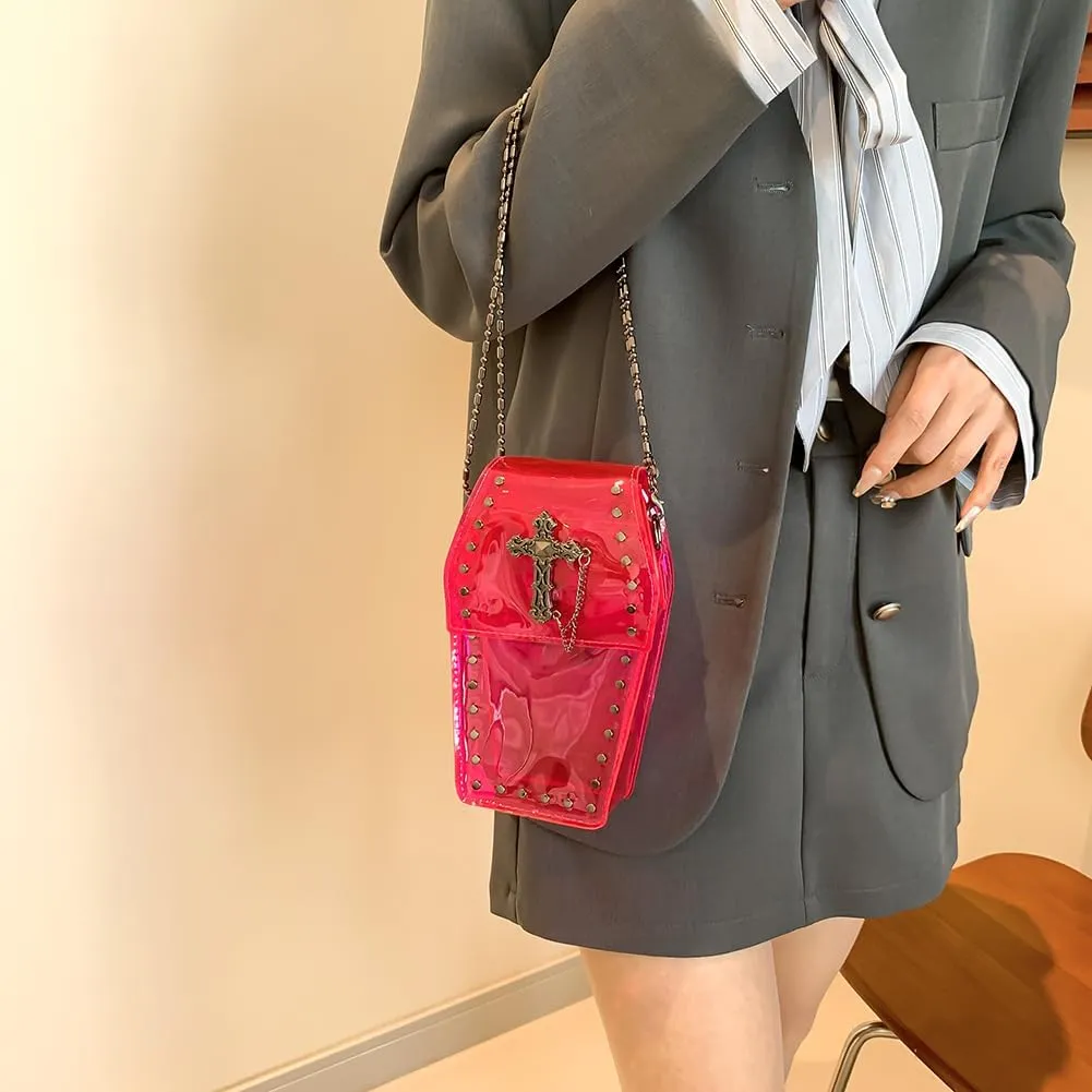LovehomilyGothic Crossbody Bag for Women, Coffin Shaped Bag PVC Clear Jelly Satchel Bag Cross Coffin Sling Bag Stadium Approv