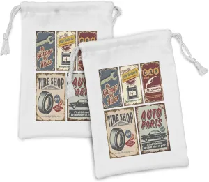 Lunarable 1950s Fabric Pouch Set of 2, Vintage Car Signs Automobile Advertising Repair Vehicle Garage Classics Servicing, Small Drawstring Bag for Toiletries Masks and Favors, 9" x 6", Multicolor