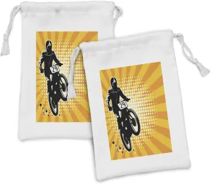 Lunarable Dirt Bike Fabric Pouch Set of 2, Abstract Stunt Rider on Yellow and Orange Tone Starburst Pattern with Halftone, Small Drawstring Bag for Toiletries Masks and Favors, 9" x 6", Multicolor