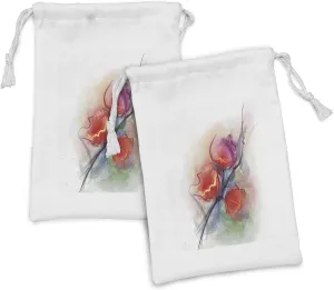 Lunarable Flower Fabric Pouch Set of 2, Abstract Blurry Rose Branches with Brush Stroke Effects Botany Bouquet Picture, Small Drawstring Bag for Toiletries Masks and Favors, 9" x 6", Multicolor