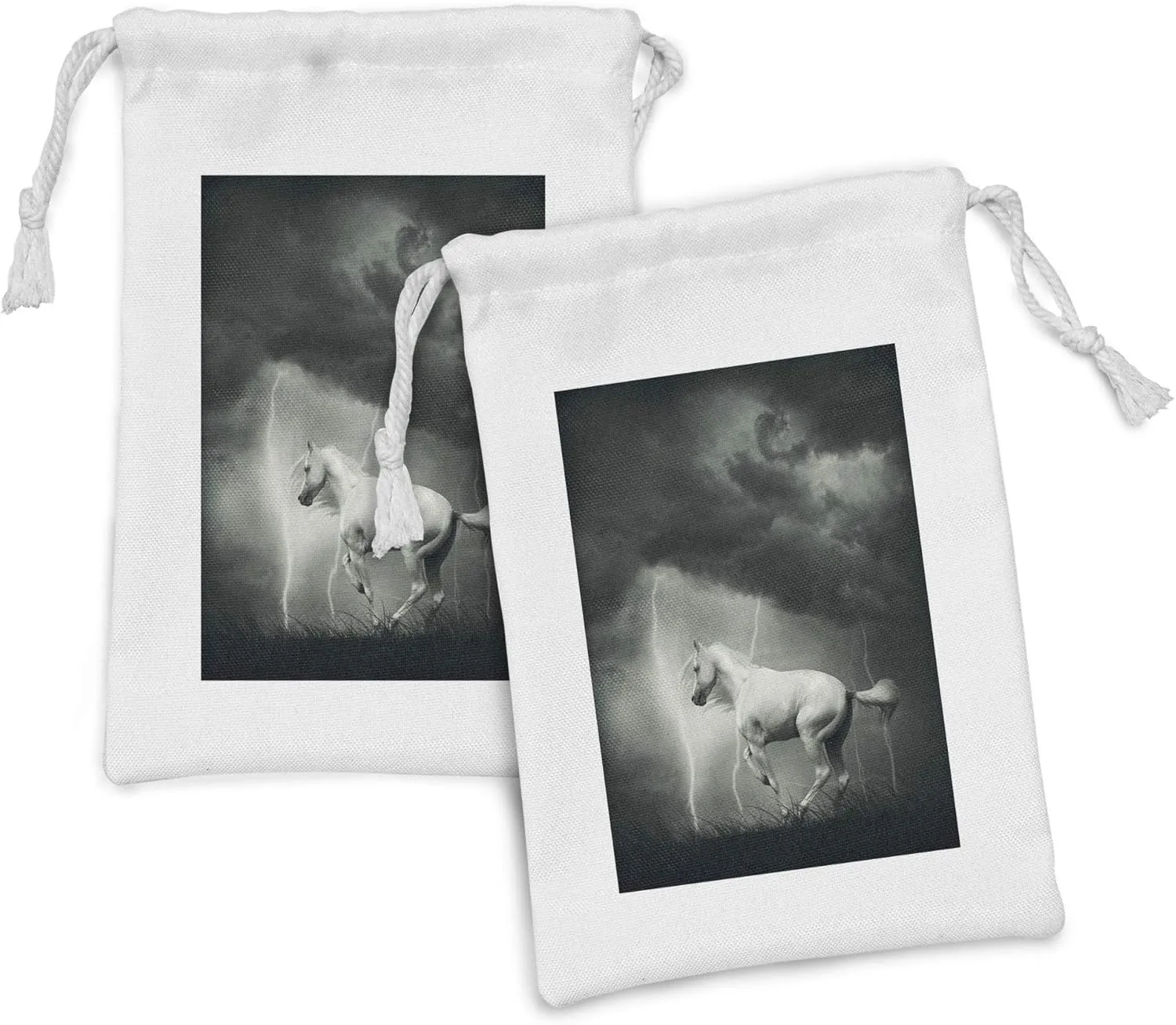 Lunarable Horses Fabric Pouch Set of 2, Horse Running Under Thunderstorm Clouds with Bolt Dreamy Dramatic Art Print, Small Drawstring Bag for Toiletries Masks and Favors, 9" x 6", Black and White