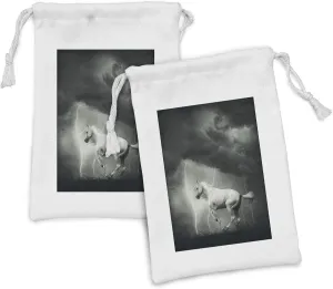 Lunarable Horses Fabric Pouch Set of 2, Horse Running Under Thunderstorm Clouds with Bolt Dreamy Dramatic Art Print, Small Drawstring Bag for Toiletries Masks and Favors, 9" x 6", Black and White