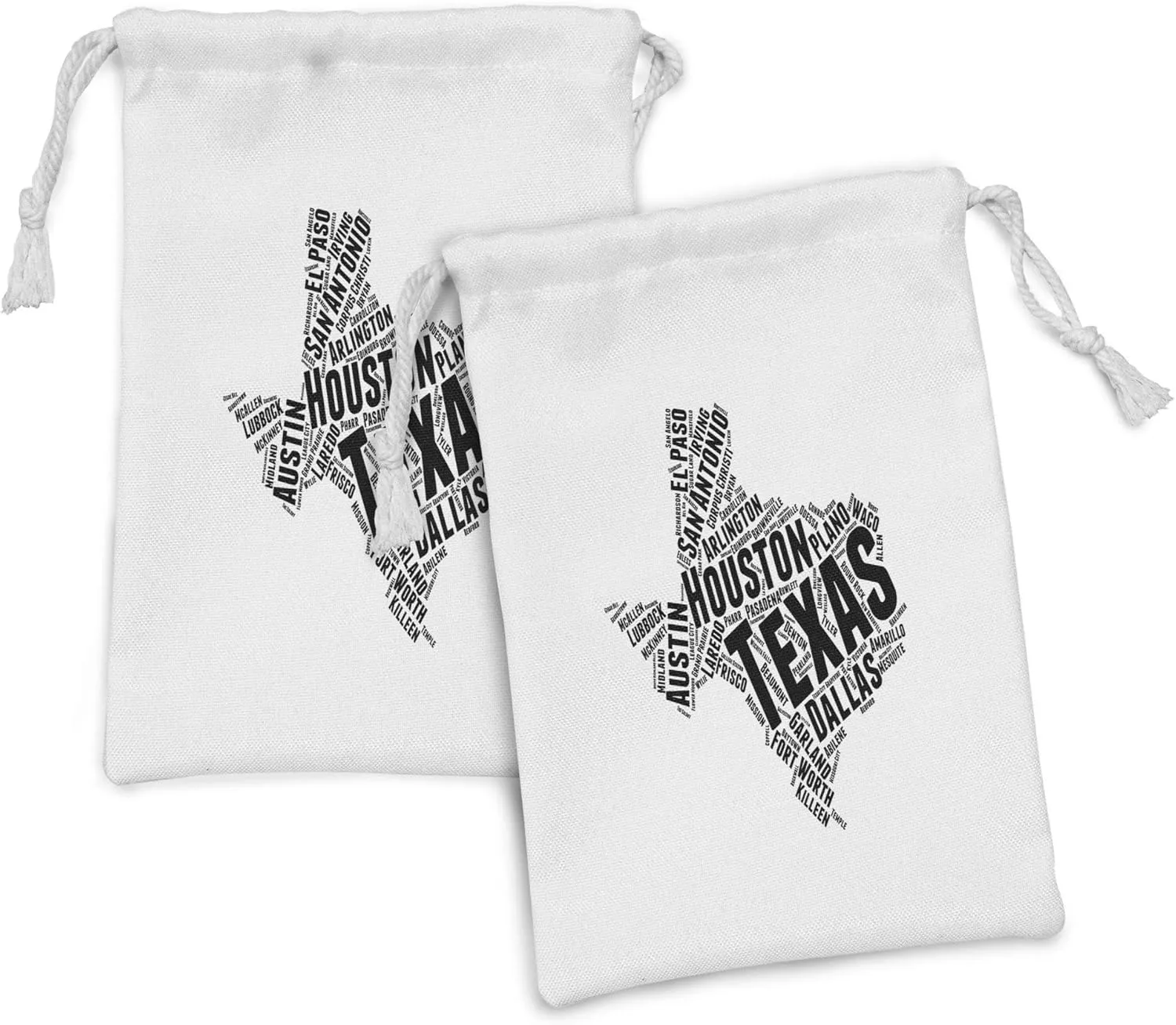 Lunarable Houston Fabric Pouch Set of 2, Federal State of Texas Map Formed of Local Settlement Names Image, Small Drawstring Bag for Toiletries Masks and Favors, 9" x 6", White and Charcoal Grey