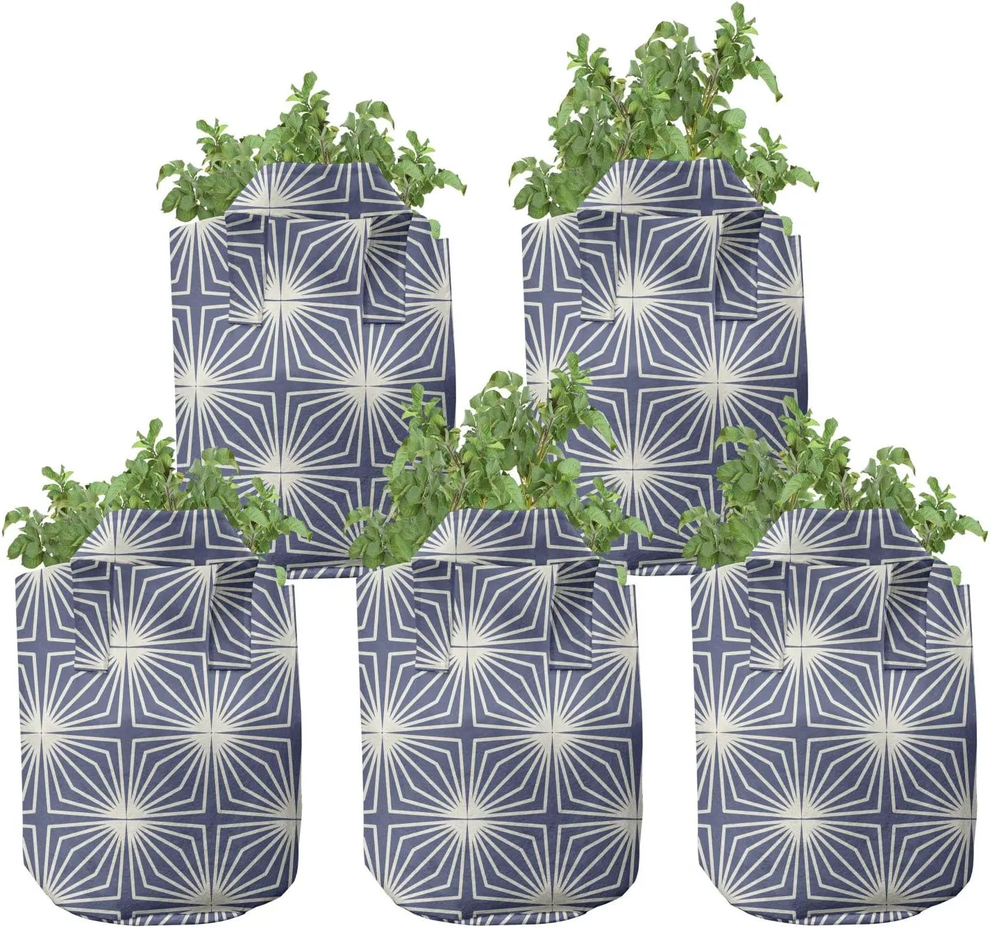 Lunarable Japanese Grow Bags 5-Pack, Modern Art Pattern, Heavyduty Fabric Pots with Handles for Plants, White Blue