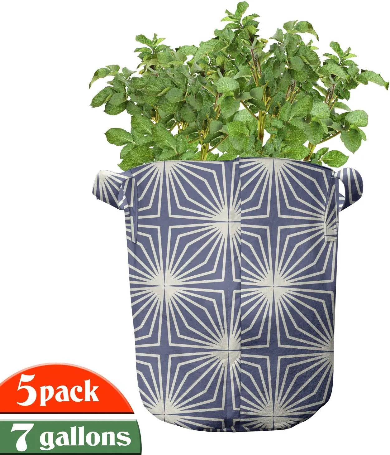 Lunarable Japanese Grow Bags 5-Pack, Modern Art Pattern, Heavyduty Fabric Pots with Handles for Plants, White Blue