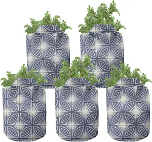 Lunarable Japanese Grow Bags 5-Pack, Modern Art Pattern, Heavyduty Fabric Pots with Handles for Plants, White Blue