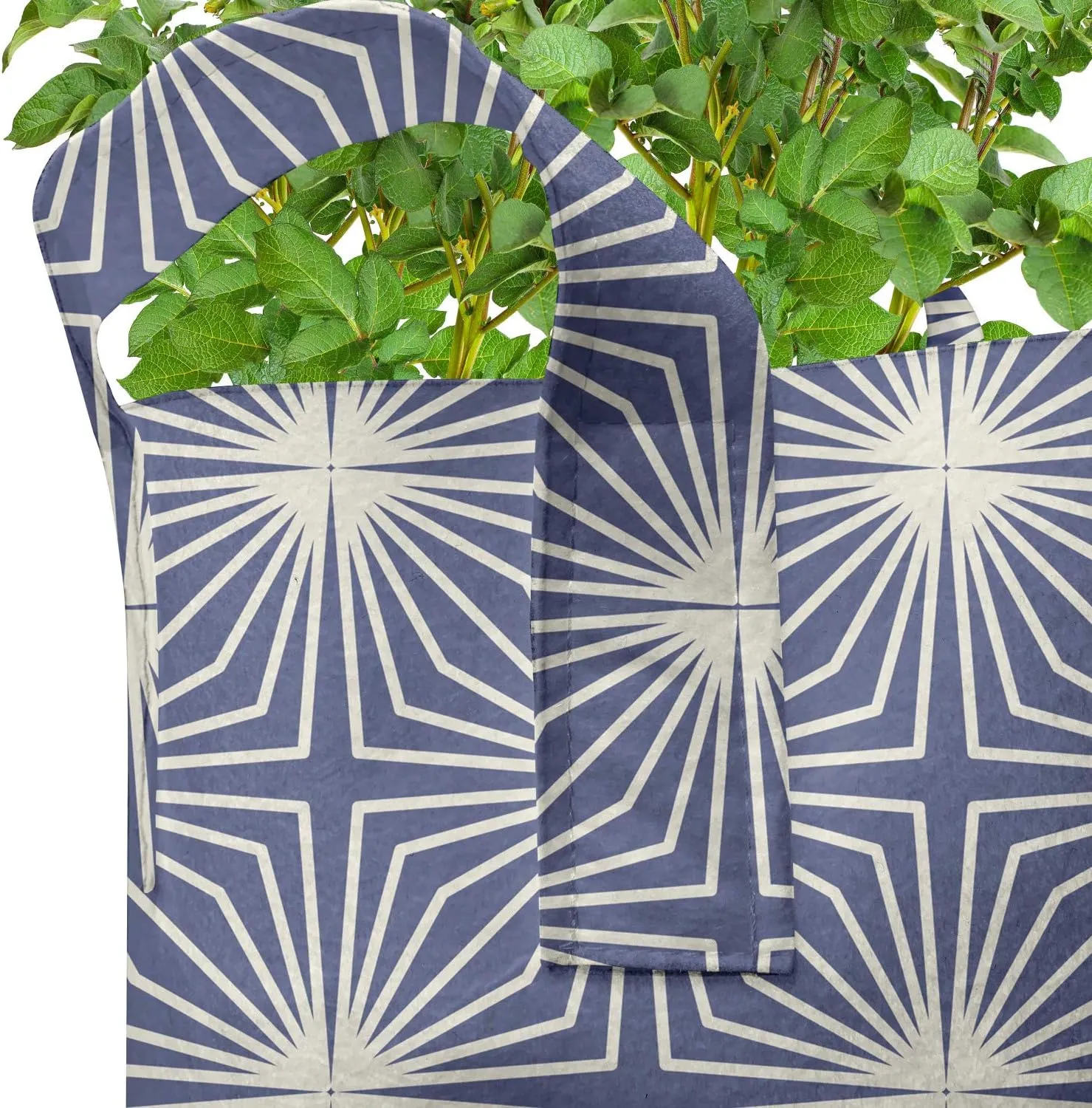 Lunarable Japanese Grow Bags 5-Pack, Modern Art Pattern, Heavyduty Fabric Pots with Handles for Plants, White Blue