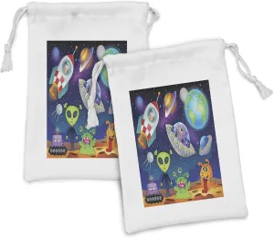 Lunarable Outer Space Fabric Pouch Set of 2, Planet Fantasy on Interstellar Terrain with Astronaut Cosmonaut and Aliens, Small Drawstring Bag for Toiletries Masks and Favors, 9" x 6", Multicolor
