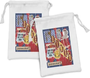 Lunarable Route 66 Fabric Pouch Set of 2, Grungy Diner Advertisement with American Flag Stars Food Drinks Typography, Small Drawstring Bag for Toiletries Masks and Favors, 9" x 6", Multicolor