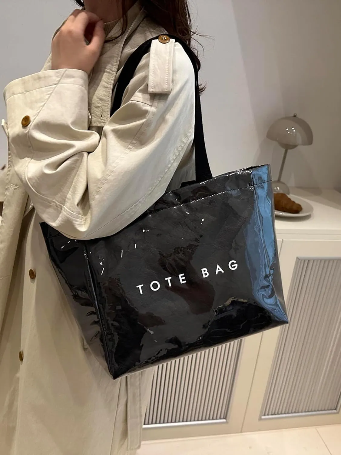 Lushandy PVC Shoulder Bag Kraft Paper Tote Bag for Women Letter Print Tote Handbag Clear PVC Viral Bag For Shopping Travel
