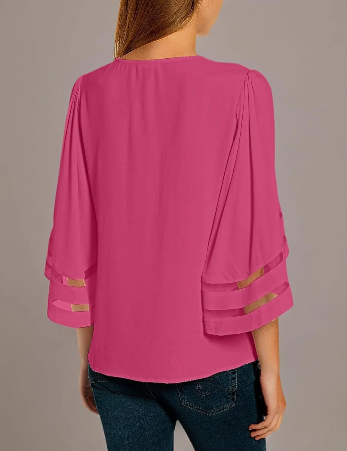 luvamia Women's Casual V Neck Blouse 3/4 Bell Sleeve Mesh Panel Shirts Loose Top