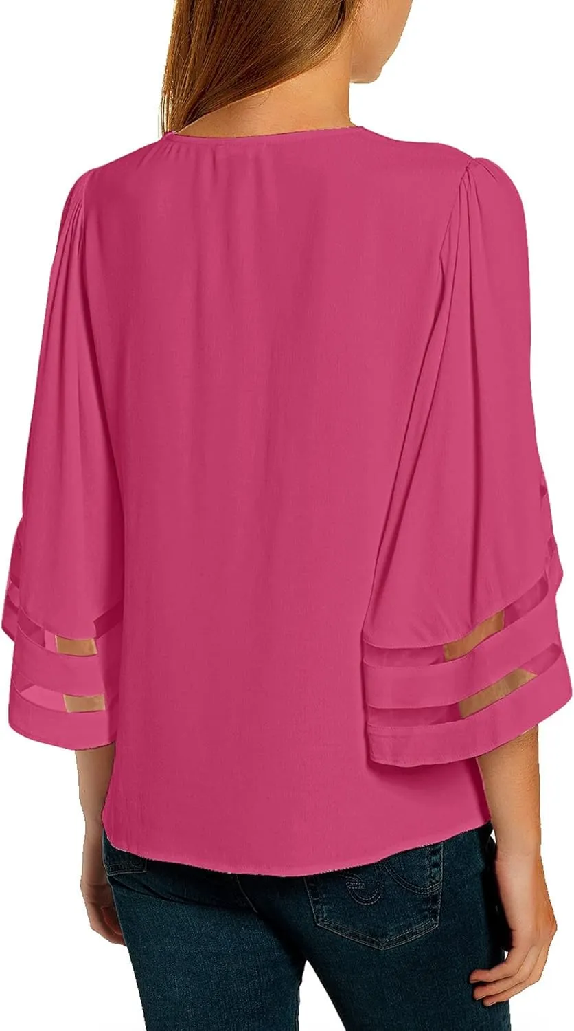luvamia Women's Casual V Neck Blouse 3/4 Bell Sleeve Mesh Panel Shirts Loose Top