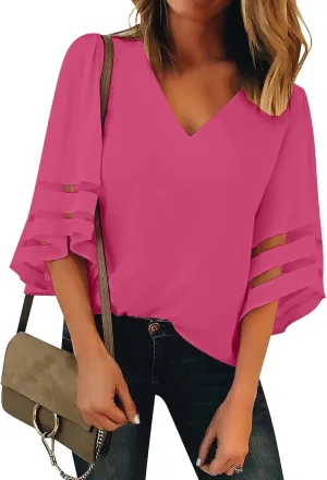 luvamia Women's Casual V Neck Blouse 3/4 Bell Sleeve Mesh Panel Shirts Loose Top